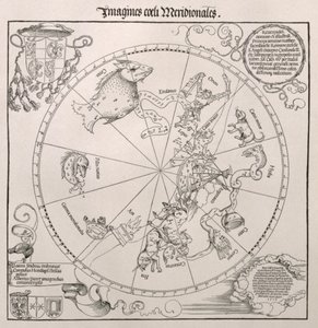 Kart over den sørlige himmelen, med representasjoner av konstellasjoner, dekorert med emblemet til kardinal Lang von Wellenburg, og en dedikasjon til ham med våpenskjoldene hans og den keiserlige opphavsretten, 15